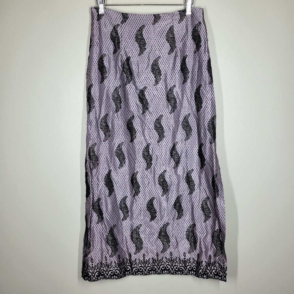 Vintage Y2K Hair Spray Purple Black Velour Fishnet Paisley Maxi Skirt 9 Slits